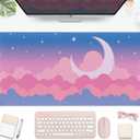 Cute Clouds Desk Mat Kawaii Desk Pad Gaming Mouse Pad Large Blue Sky Deskmat XXL Mousepad, Pink Purple Keyboard Mouse Mat Computer Mat for Desk, Kawaii Desk Decor for Women Girls 31.5X15.75 in (Q-painted Moon)