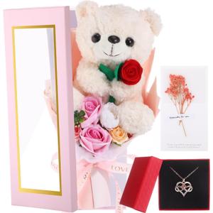 Bear Flower Bouquet for Women 15in Rose Plush Bear Gift Box, Artificial Bouquet Necklace & Card for Valentines Day, Graduation, Anniversary, Mothers Day,Girlfriend Gifts, (Pink,Rose)