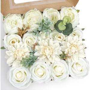 AmyHomie Ivory Artificial Flowers Combo Silk Mix Peony Rose Hydrangea Fake Flowers w/Stem for DIY Wedding Bouquets Centerpieces Arrangements Table Fall Decor Party Bridal Baby Shower Home Decorations