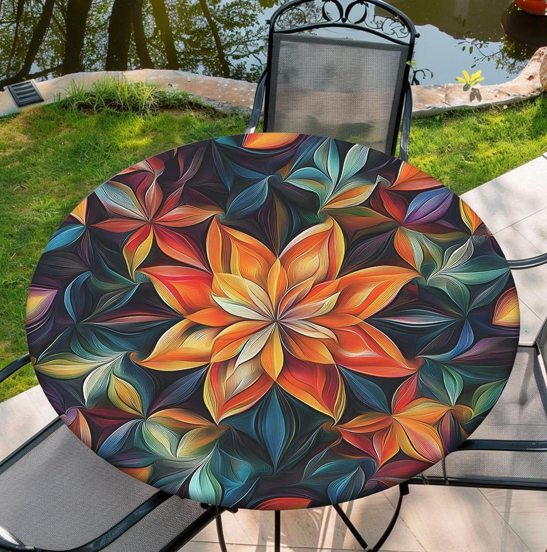 Boho Round Table Cover, 52 Inch Fitted Round Tablecloth Waterproof Table Cloth with Elastic Edge Wipe Clean Table Cover for Indoor Outdoor, 46"-50"