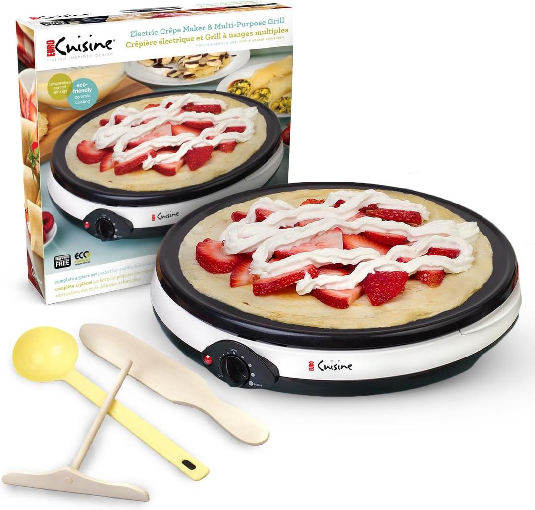 Euro Cuisine CM20 Electric Crepe Maker, 12 Inch Ceramic Non-stick Pan (PTFE PFOA Free), Adjustable Temperature Setting, Also Makes Roti, Dosa, Pancakes, Includes Batter Spreader, Turner and Ladle