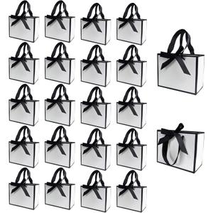 TKSBAG 100 Pack White and Black Gift Bags with Bow Handles, 6.4×3.1×5.1 In Small Thank You Bags Bulk for Birthday, Weddings, Party Favors, Back to School, Summer Party