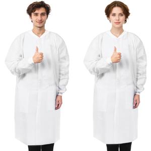 10 Pack SMS Disposable Lab Coats for Adults, Blue, Knee-Length, 2 Pockets, 50 GSM Knit Cuffs & Collar, XXL (White)