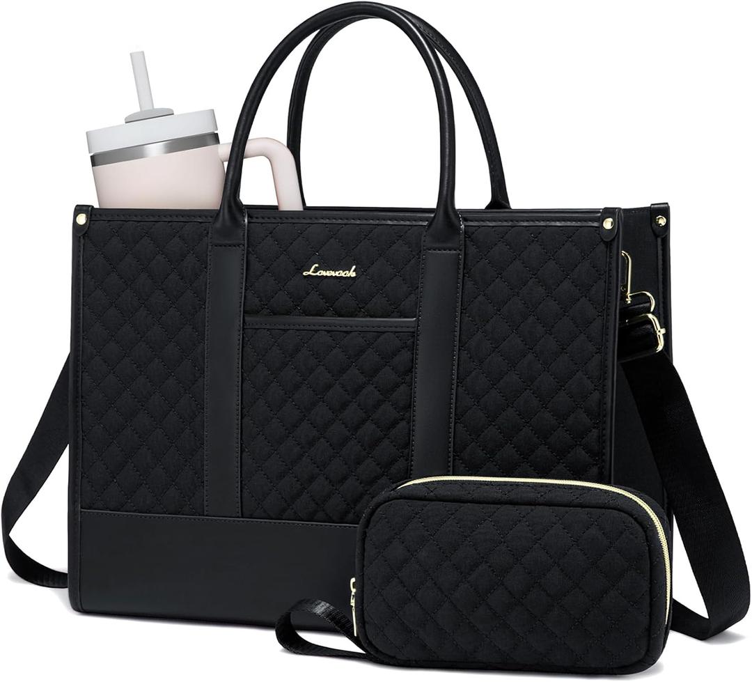 LOVEVOOK Laptop Bags for Women, 15.6 inch Waterproof Work Tote Bag with Clutch, Professional Teacher Computer Purse Lightweight Shoulder Bag Travel, Quilted Black