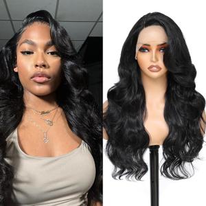 Glueless Wig Side Part Body Wave Hair Synthetic Lace Front Wigs wear and go Natural Black Hair 13x4x1 HD Lace Front Wig -24inch (1B)
