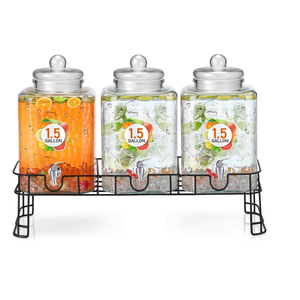 Honeydak 1.5 Gallon Glass Beverage Dispenser with Stand Stainless Steel Spigot Glass Lid Clear Iced Juice Container Leakproof Drink Dispenser Countertop Lemonade Water Jar for Wedding Party (3 Pack)