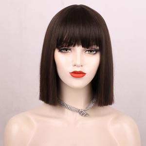 ENTRANCED STYLES Brown Wigs for Women Short Bob Wig with Bangs Straight Brunette Cosplay Wig Heat Resistant Synthetic Wig for Daily Party Use 12 Inches