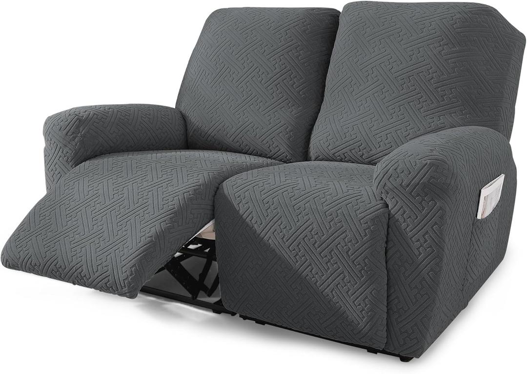 NORTHERN BROTHERS Reclining Loveseat Cover, Stretch Loveseat Recliner Covers 2 Seater Loveseat Covers for Reclining Loveseat with Storage Pockets Soft Double Recliner Cover for Kids, Pet, Dark Gray