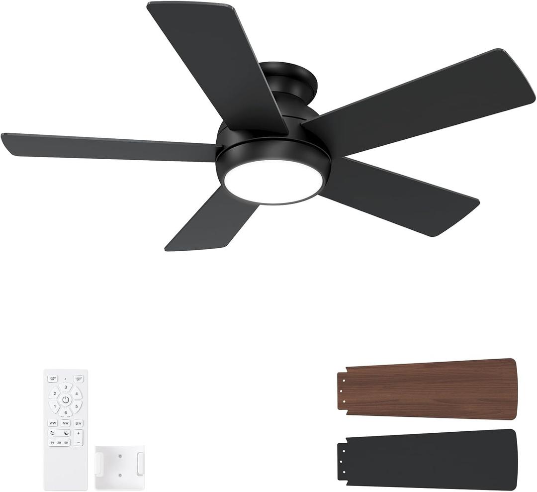 42 Inch Black Ceiling Fans with Lights and Remote, LED Low Profile Flush Mount Ceiling Fan for Bedroom, Living Room, Patio, Quiet DC Motor, 5 Blades