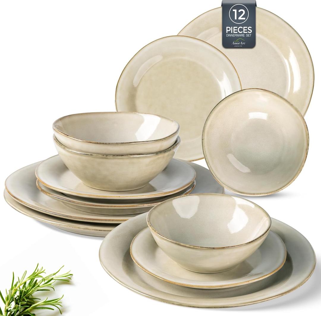 AmorArc Ceramic Dinnerware Sets, Handmade Stoneware Reactive Glaze Plates and Bowls Set, Scratch Resistant | Dishwasher & Microwave Safe Dishes Set, Service for 4 (12pc) (Cappuccino)