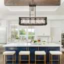 Farmhouse Kitchen Island Lighting, 5-Light Dining Room Light Fixture Over Table, Rustic Wooden Rectangle Chandelier, Pool Table Pendant Light Fixtures with Clean Glass Shade