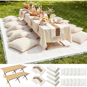 Novabright 20 Pcs Boho Picnic Kit Folding Picnic Table 59'' x 20.5'' Extra Large Outdoor Boho Blanket 91'' x 71'' Beige White Table Runner 12 Pillow Cover Woven Cotton Oversize Washable for Wedding
