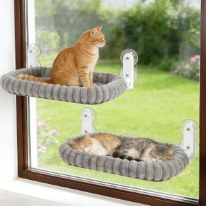 Zoratoo 2PC Cat Window Perch with Bolster Foldable Cat Hammock Cushion Bed for Window with Metal Frame, Cloud-Cuddle Cordless Window Resting Seat for Indoor Cats (Cushion Bed, Gray-L)