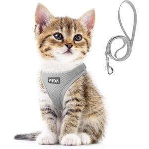 Fida Cat Harness and Leash Set for Walking Kitten and Puppy, Escape Proof Kitten Harness with Breathable Lightweight Soft Mesh, Adjustable Reflective Step-in Design for Kitten and Puppy (XXXS, Grey) (XXXS (Neck:10.2"-11.4"; Girth:11.4"-12.6"))