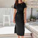 ANRABESS Women's 2026 Summer Maxi Tshirt Dress Short Sleeve Crewneck Tie Waist Casual Slim Fit Slit Spring Long Beach Dresses (Black) M