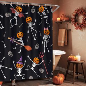Black Halloween Shower Curtain Pumpkin Skull Bathroom Shower Curtain Decor Bathtub Decoration 72x72 in Polyester Fabric with 12 Hooks