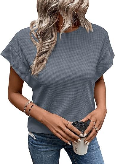 SweatyRocks Women's Solid Short Batwing Sleeve Tee Tops Plain Casual Solid Loose Holiday T-Shirts Dusty Blue M