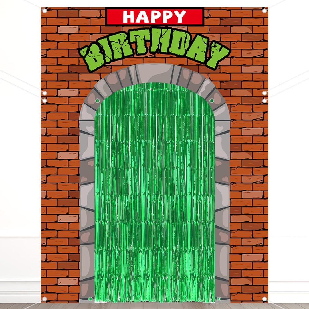 5Pcs Turtle Porch Sign Banners with Green Tinsel Foil Fringe Curtains Turtle Theme Party Decorations Door Covers Hanging Banners Turtles Party Photo Backdrop for Kids Birthday Indoor Outdoor Supplies