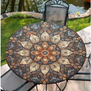 Round Table Cover for Round Tables 36"-70", Fitted Tablecloth with Elastic for Indoor Outdoor Party Holiday, 36inch, Boho