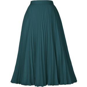 GRACE KARIN Pleated Midi Skirt for Women,Summer Chiffon Elastic High Waist Knee Length Skirts, Swing A-Line Boho Outfits, Size L (Blue Green)