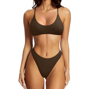 SUUKSESS Women High Waisted Thong Bikini Set Reversible String 2 Piece Swimsuit (Medium)
