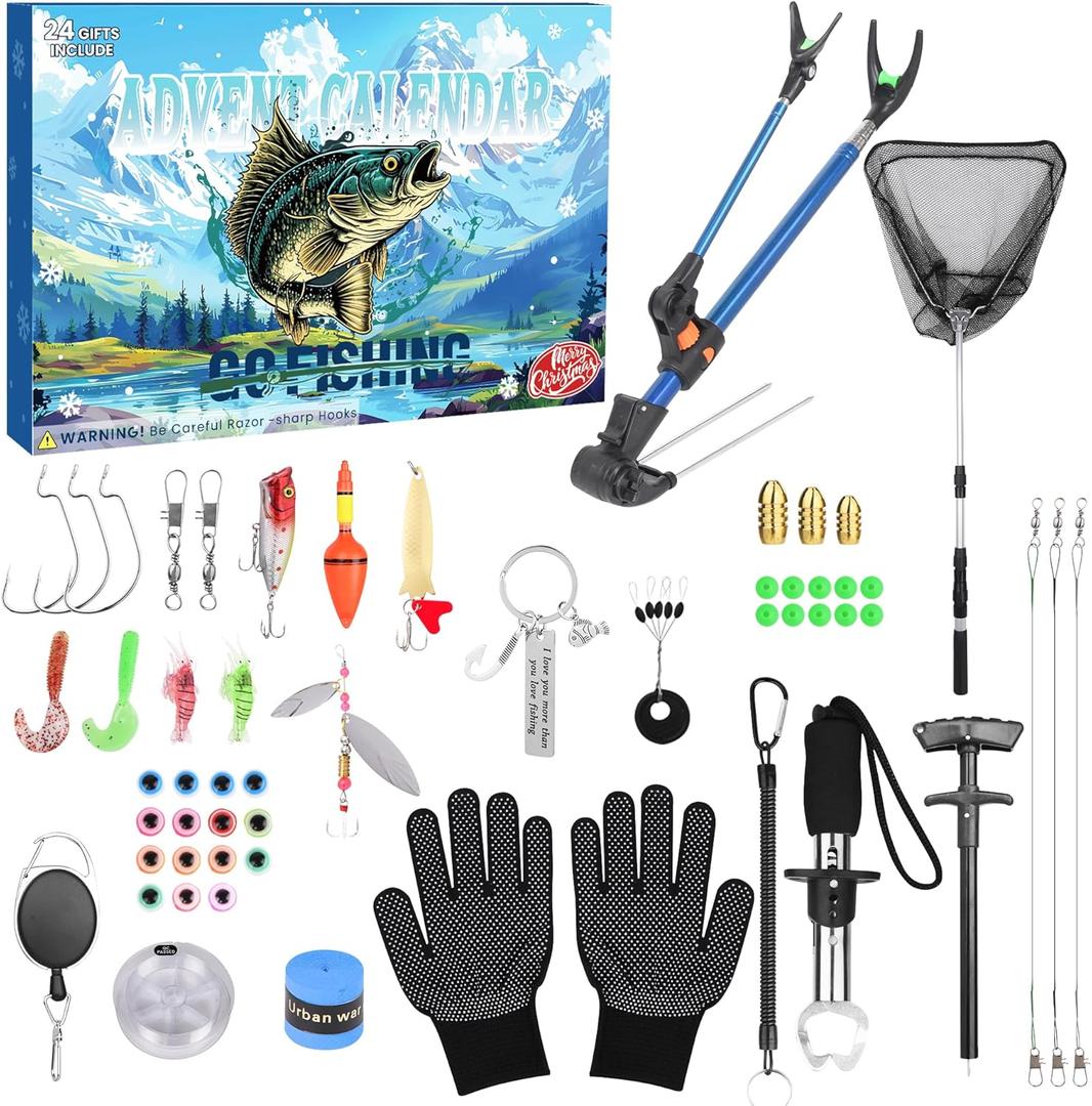 Fishing Advent Calendar 2025 for Men - 24-Day Countdown Calendar with Telescopic Landing Net, Fish Gripper & Rod Holder for Father, Husband, Boyfriend