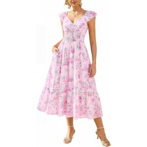 GRACE KARIN Women's Summer Floral Maxi Dress 2026 Ruffle Sleeve Smocked Sundress Flowy Wedding Guest Long Dresses with Pocket, Large