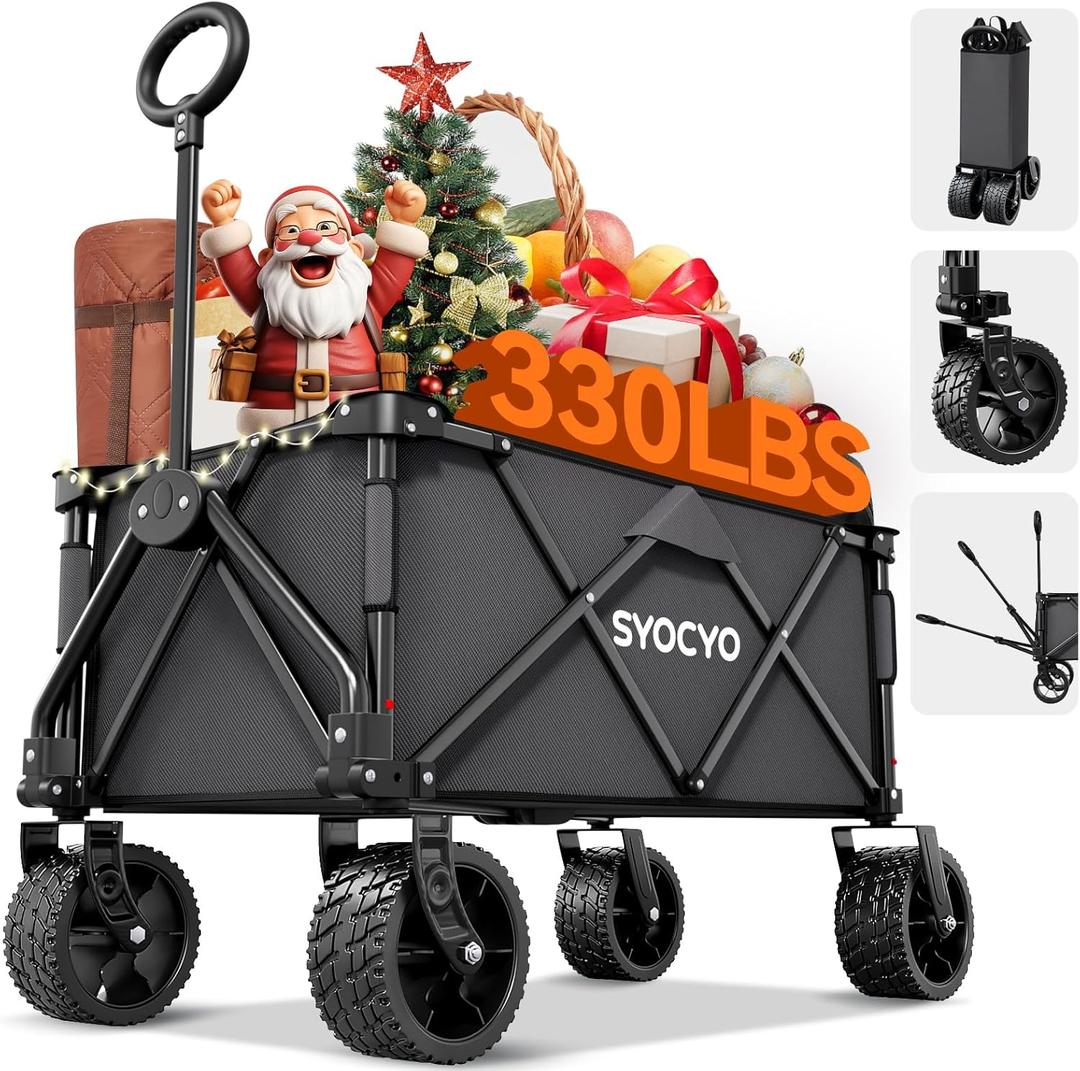 Collapsible Foldable Wagon Cart, Heavy Duty Folding Wagon with 330lbs Weight Capacity, Beach Wagon with All-Terrain Wheels Utility Garden Cart for Camping, Sports, Beach and Shopping, Grey