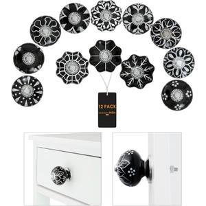 Ceramic Cabinet Knobs Black - Decorative Antique Drawer Pulls 12 Pack: Add Vintage Touch to Kitchen, Bedroom and Farmhouse - Boho Cabinet Knobs