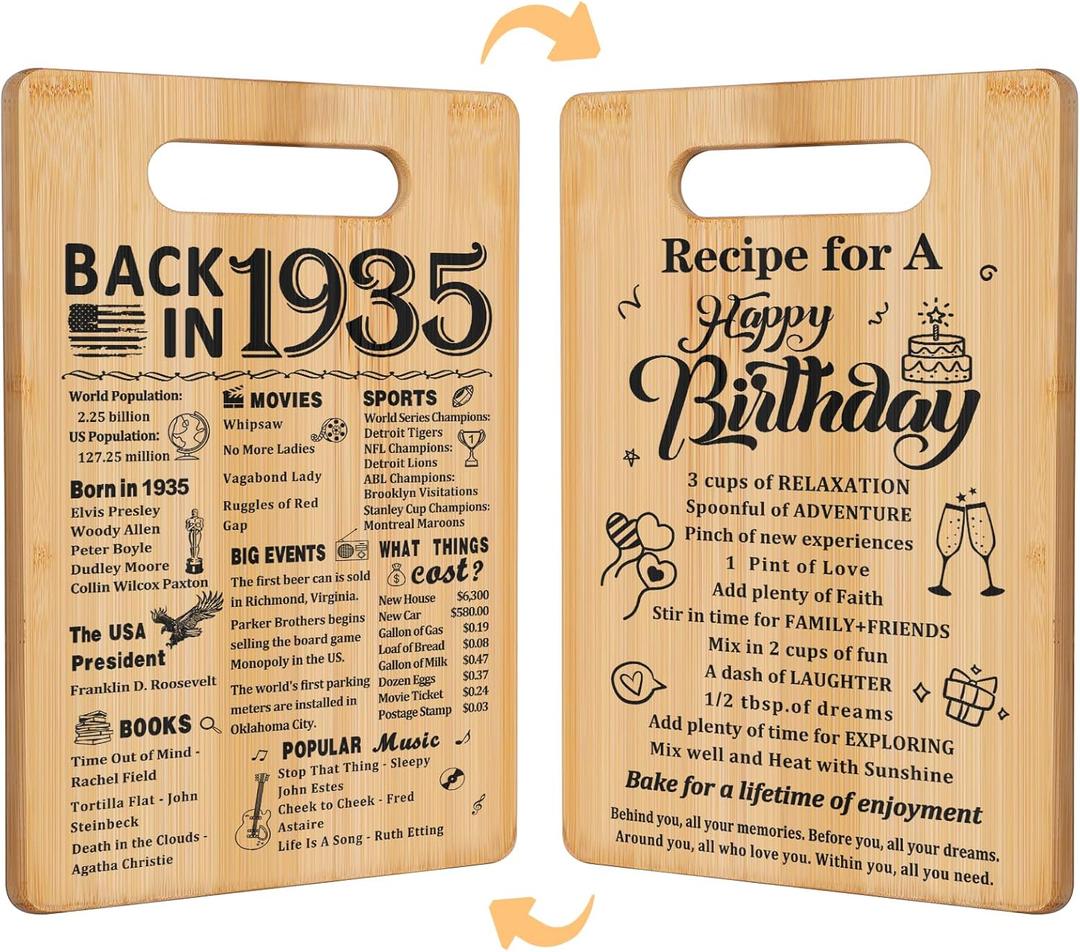 90th Birthday Gifts for Women Men,Back In 1935&Recipe for A Happy Birthday Double sided Cutting Board present for Her Him,90th Bday gift ideas,cool presents for 90 year old woman