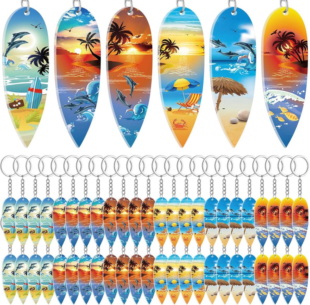 Henoyso 24 Pcs Beach Summer Party Favors Surfboard Keychains Gifts Bulk Acrylic Mini Surfboard Sea Turtle Coconut Tree Key Chains for Florida California Hawaiian Bahamas Souvenirs Supplies
