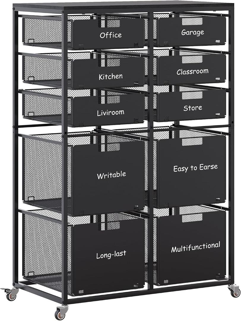 EasyPAG Rolling Storage Cart With 10 Drawers, Metal Craft Organizers And Storage Cart With Wood Tabletop, 30 Lbs Capacity Per Drawer For Home Office Classroom And Dorm, Black