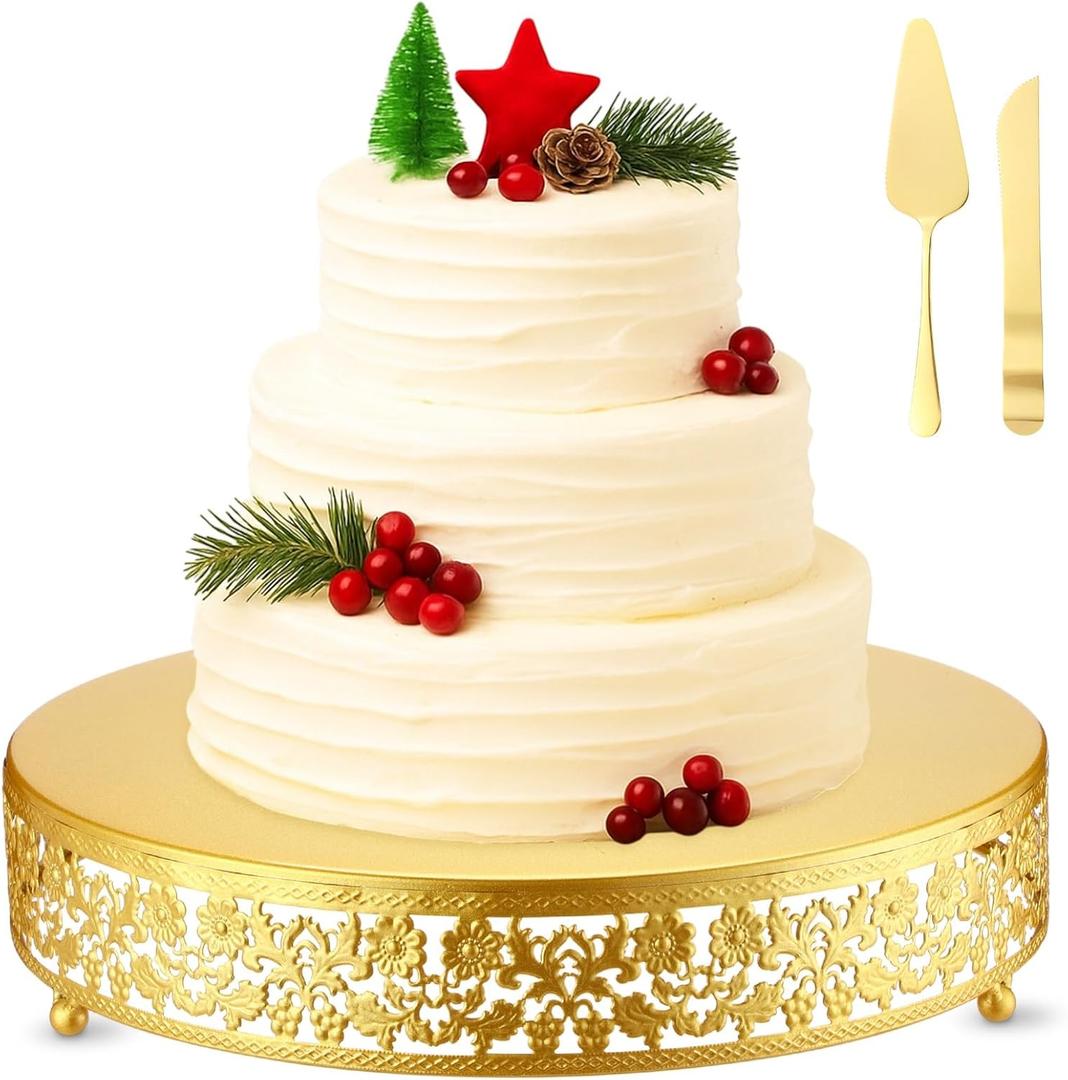Wenqik 14 Inch Christmas Cake Stand Gold Metal Round Cupcake Dessert Stand with Cake Cutting, Spatula Xmas Cupcake Pastry Display Candy Holder Display for Xmas Wedding Birthday Party(flower, 14 Inch)