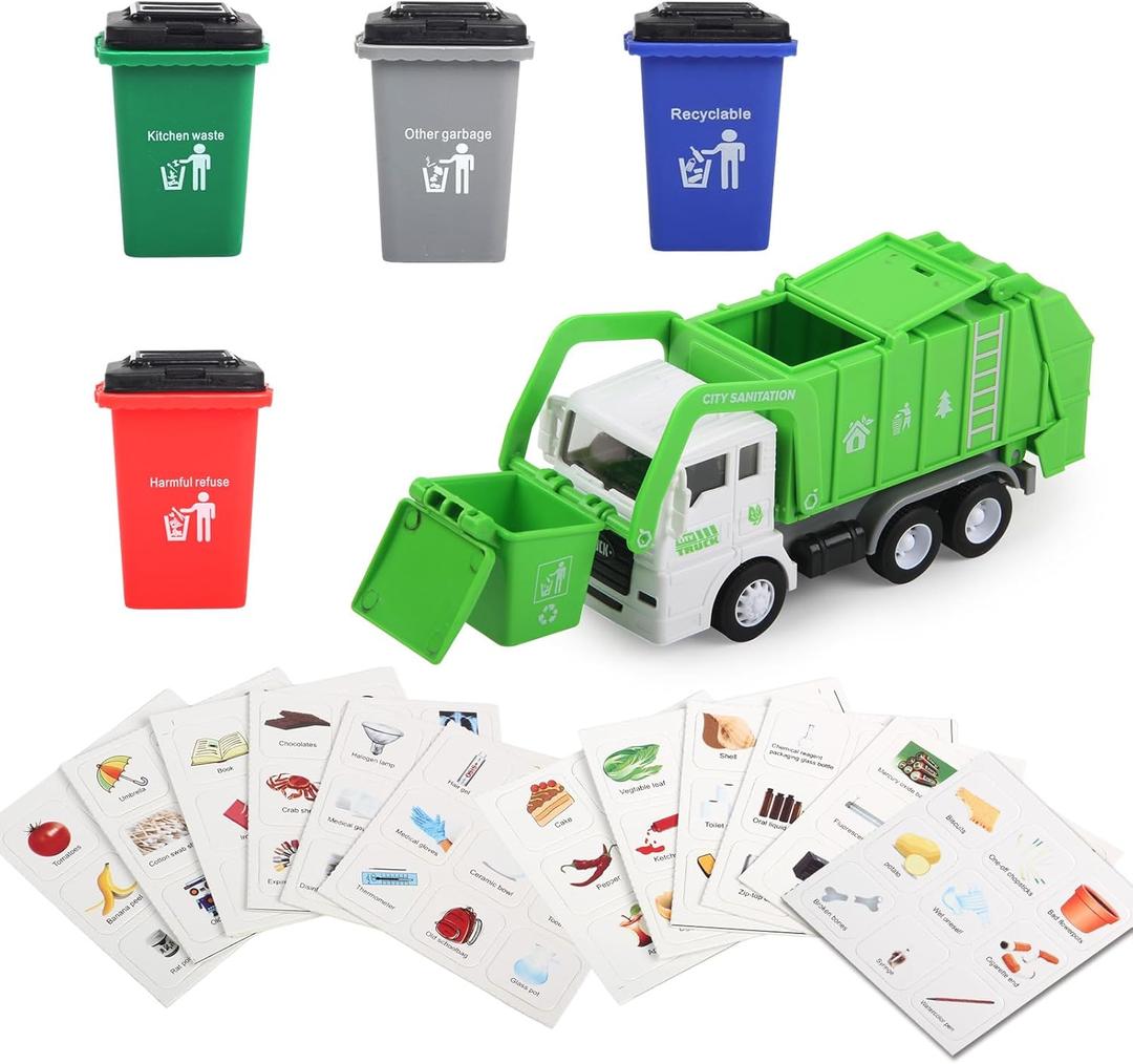 FIVEDAOGANG Small Friction Powered Garbage Truck Toys Set, Includes Front Load Dumpster, 4 Trash Bins and Trash Learning Cards for Kids