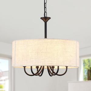 18" Drum Chandelier for Dining Room, 6-Light Farmhouse Linen Drum Shade Chandelier, Black Hanging Light Fixture Round Chandelier for Kitchen Island Bedroom Living Room Entryway Foyer
