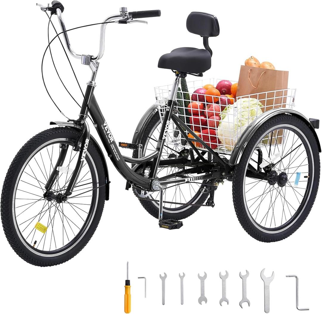 VEVOR Adult Tricycles Bike,Three-Wheeled Bicycles, 3 Wheel Bikes Trikes, Carbon Steel Cruiser Bike with Basket & Adjustable Seat, Picnic Shopping Tricycles for Seniors, Women, Men (Black)