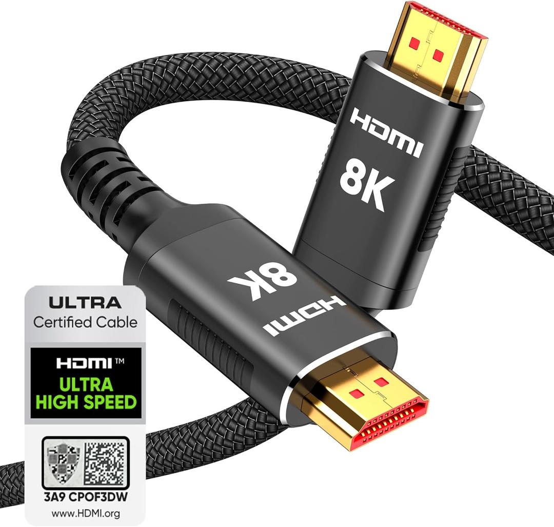 Snowkids 8K Certified HDMI 2.1 Cable 10 ft, Non-Slip Nylon Braided, 48Gbps Ultra High-Speed HDMI Cables Cord, 10K 8K@60Hz, 4K@120Hz Compatible for TV/PS-5/X-box/Projector/Sound System & More (Black)
