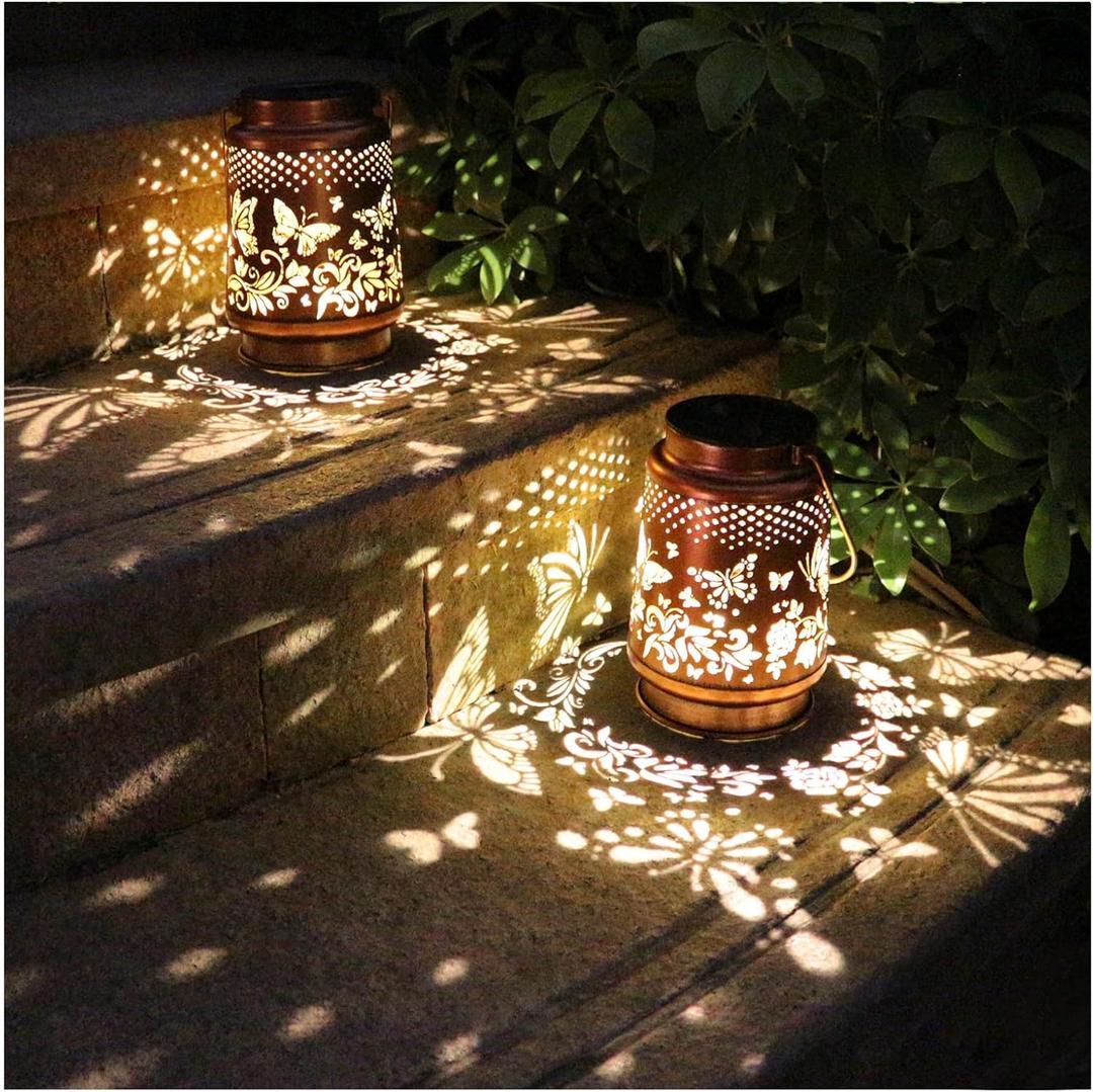 2 Pack Solar Butterfly Lanterns Outdoor Hanging Decor Lantern,Waterproof Hollow Out Retro Metal Decorative Garden Light,Graceful Decoration for Patio,Yard,Landscape,Festival