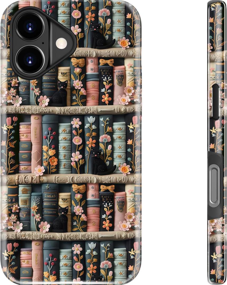 Goodon for iPhone 17 Case Cute,Aesthetic Vintage Bookshelf with Floral,Compatible with Magsafe,Trendy Wildflower Unique Cool Retro Coquette Slim Silicone Phone Cover for Women Girls