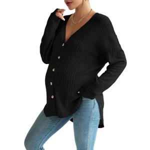 COZYEASE Women's Maternity Tops Long Sleeve Ribbed Knit Button Down Shirts Drop Shoulder V Neck Fall Clothes (Large, Dark Black)