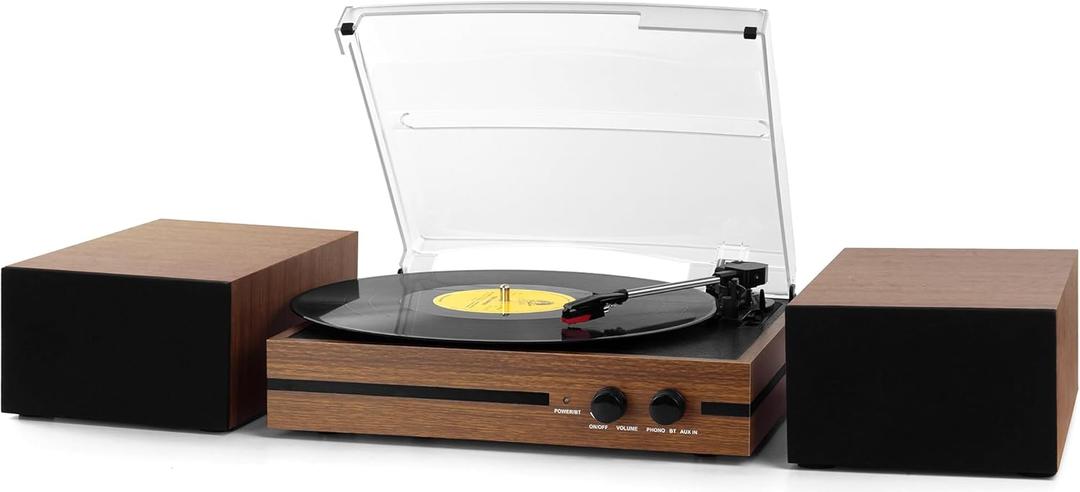 Vinyl Record Player with Dual Stereo Bookshelf Speakers Vintage Belt Drive Bluetooth Turntable with External Speakers,Convert Vinyl to MP3,LP Players AUX Headphone Input RCA Out (Coffee)