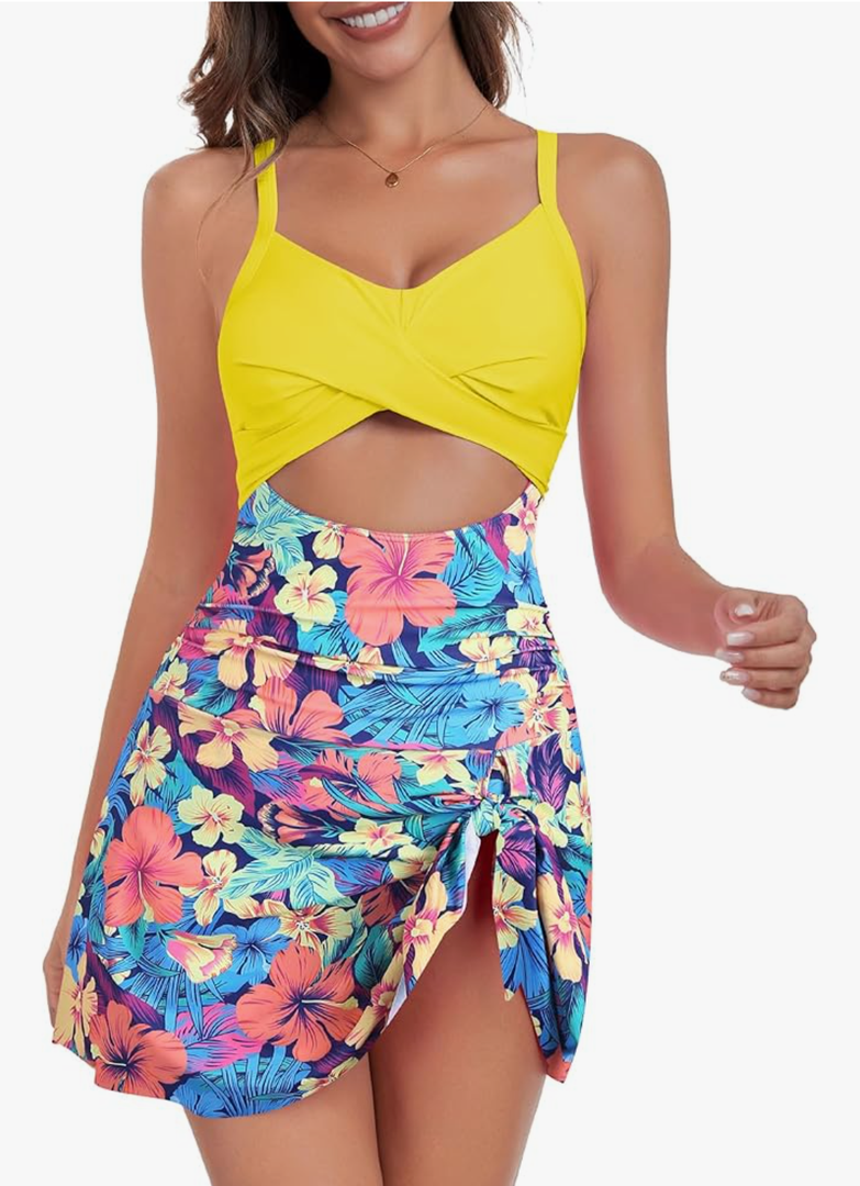 ZAFUL Women One Piece Swimdress Tummy Control Bathing Suit Push Up Swimsuit Modest Swimwear Cutout V Neck Cute Tie Knot Skirt S