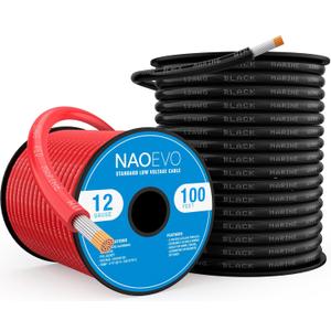 NAOEVO 12 Gauge Marine Wire, 12 AWG Tinned Copper PVC Marine Grade Wire, IP68 Waterproof/Corrosion-Resistant Electrical Cable for Boat RV, Automotive, Solar, Trolling Motor (100 ft Black + 100 ft Red)