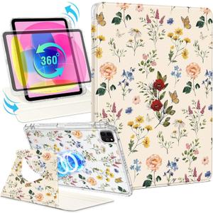 Shorogyt for iPad Air 13 Inch (M4) 2026/ M3 2025 & M2 2024 /for i Pad Pro 12.9 inch (3/4/5/6th Gen) for Magnetic Stand for Women - Cute 360 Rotating Covers Girls with Pencil Holder, Retro Flower