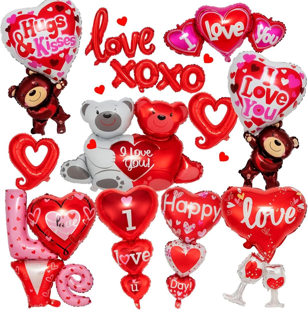 12 Pieces Valentines Day Balloons, Large I Love You Foil Balloons, Red Heart Shape Mylar Foil Balloon for Special Night Party Decorations