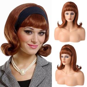 LONAI Retro Brown Wig 50s 60s 70s Wig with Bangs for Women Synthetic Hair for Halloween Costume Party (shoulder Length)