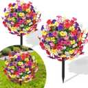 23" Artificial Boxwood Topiary Ball Trees with Petunias Flowers, Set of 2 Faux Outdoor Plants with Ground Spike for Outdoors, UV Resistant Fake Flowers for Outdoor Garden Yard Front Porch Patio Decor