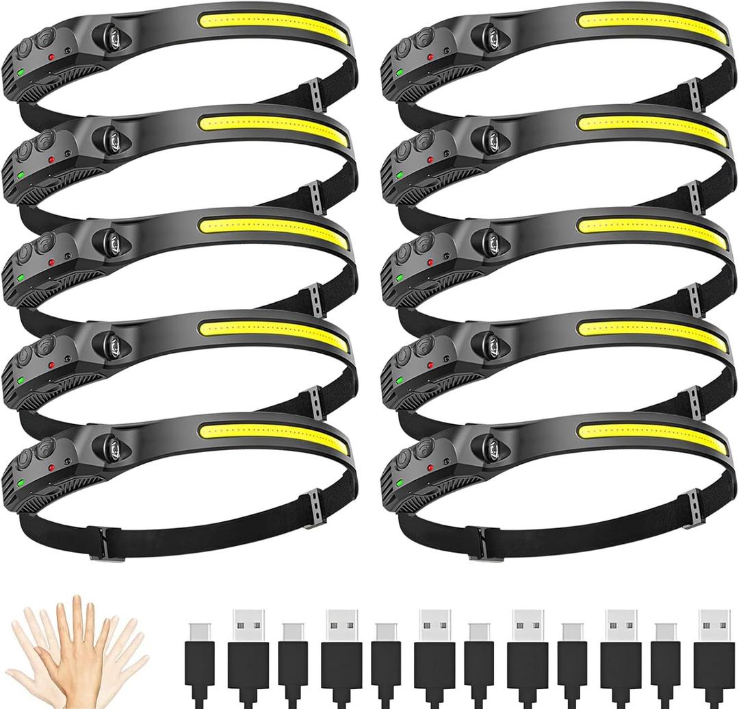 New LED Headlamp Rechargeable, 230 Wide Beam Head Lamp for Forehead, 6Mode Hard Hat Light for Adults, Flashlight for Work, Hiking, Running, Camping Essentials Gear, Gifts for Men (10Packs)