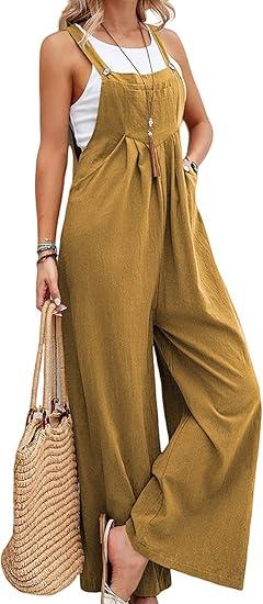 loveimgs Women's Summer Sleeveless Straps Bib Overalls Wide Leg Jumpsuits Long Pants Rompers with Pockets, Brown Medium