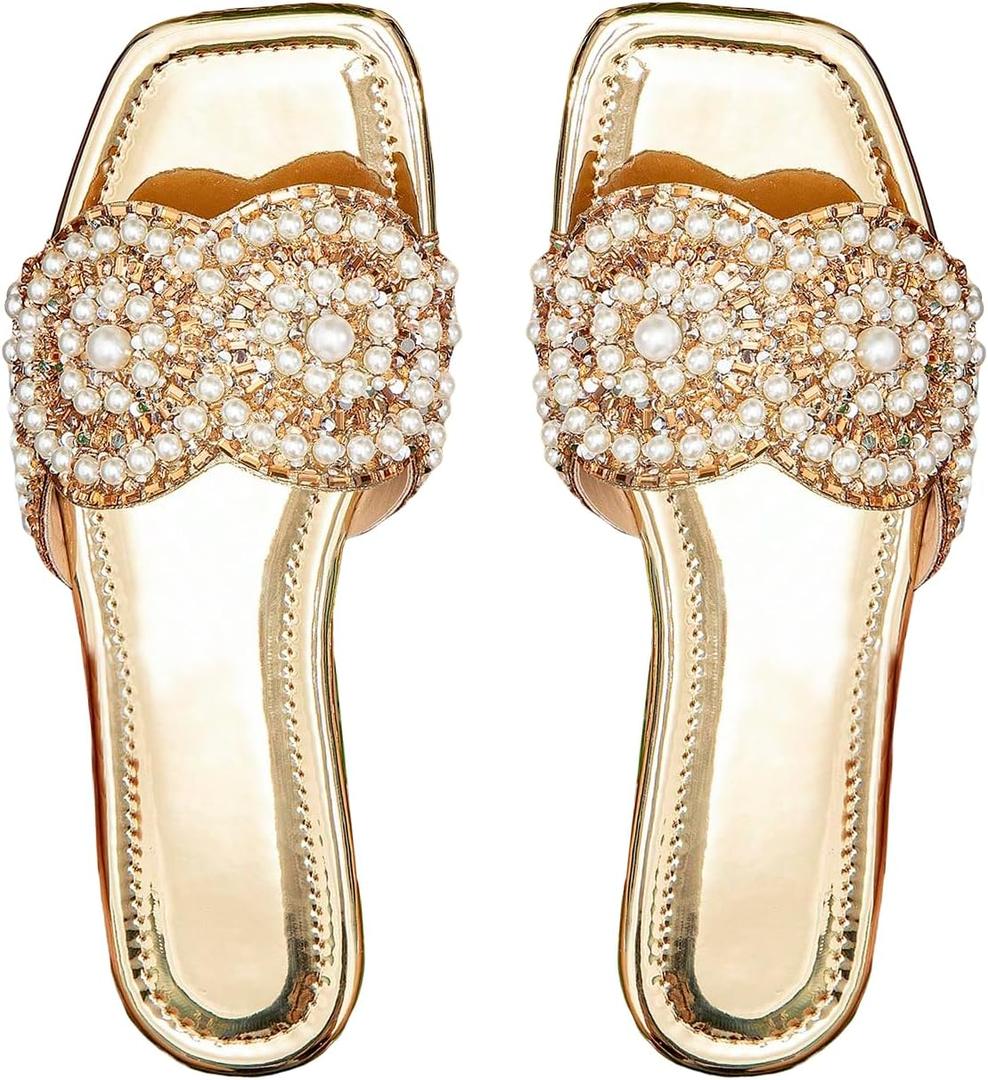 GORGLITTER Women's Gold Sparkly Flat Sandals Dressy Summer Rhinestone Boho Cute Wedding Square Open Toe Slides Shoes 2026, 43